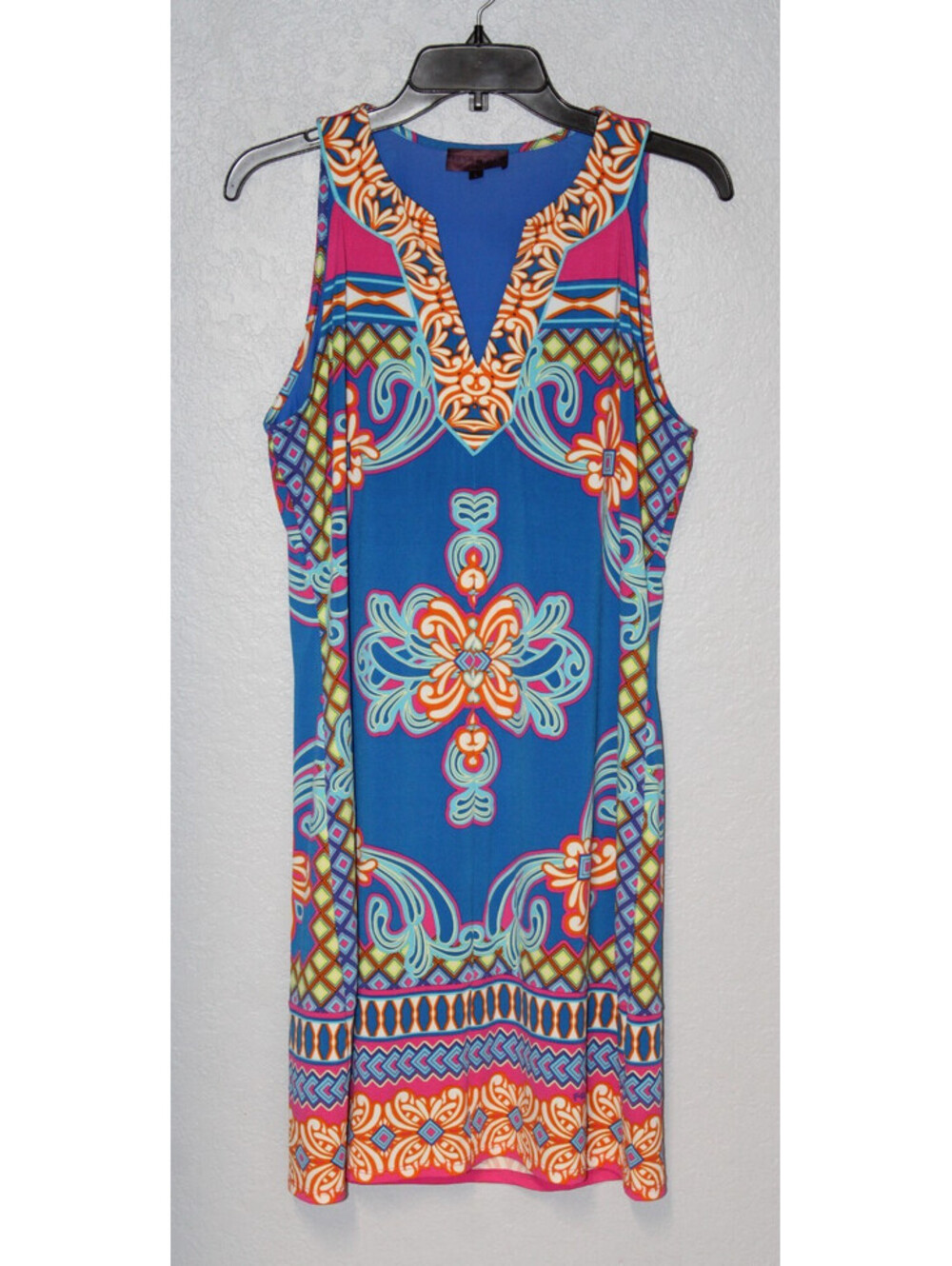 Hale Bob Sleeveless Geometric V-Neck Shift Dress Resort Jersey Stretch LARGE